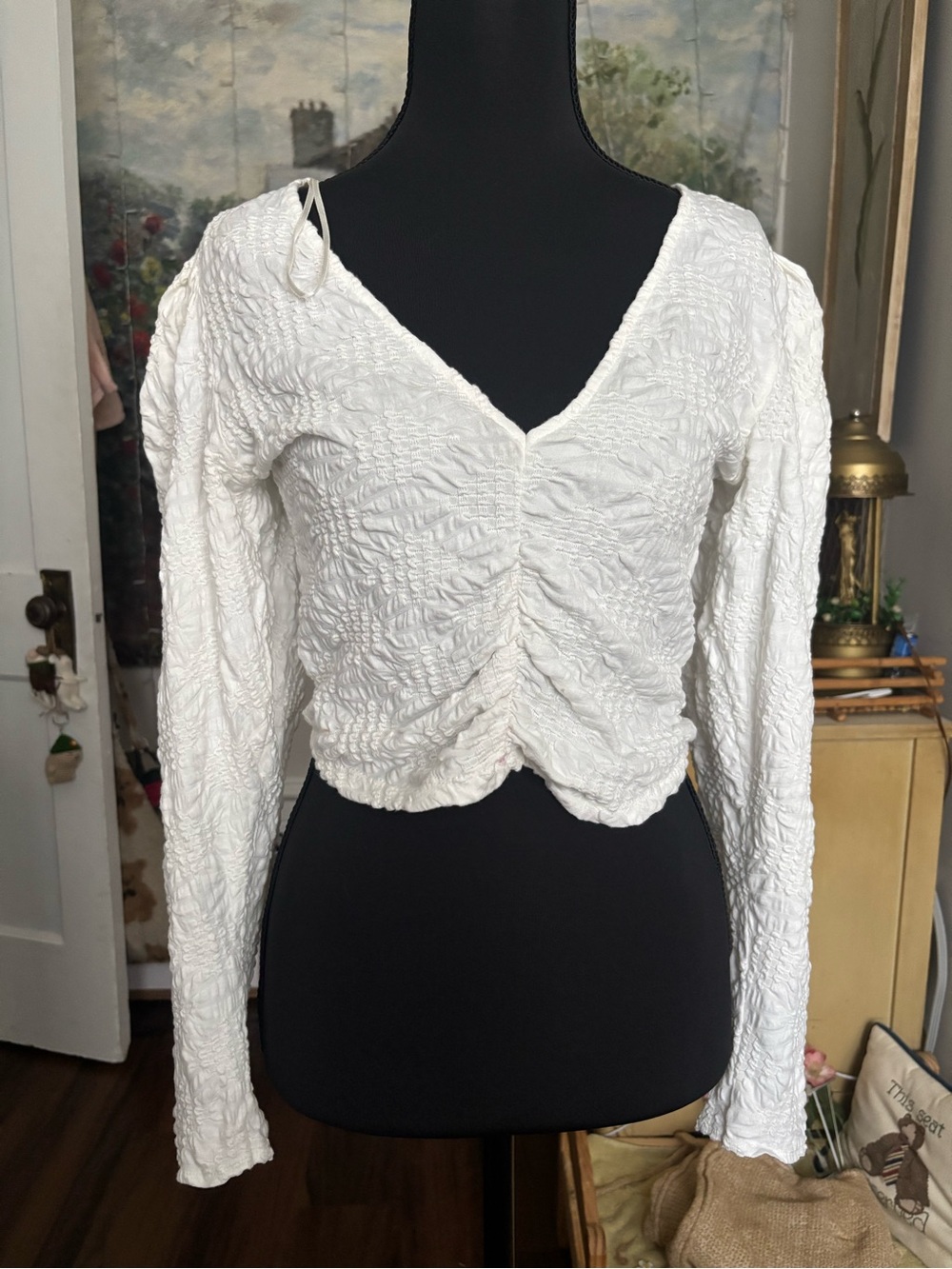 Zara White Ruched V-Neck Long Sleeve Top